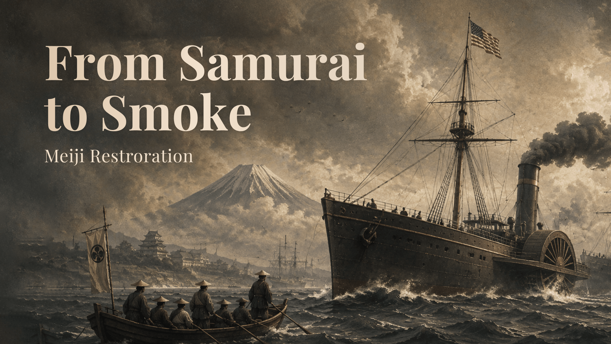 AI video lesson cover for the Meiji Restoration, From Samurai to Smoke